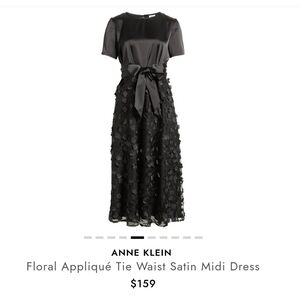 Anne Klein Black Floral Appliqué Satin Midi Dress